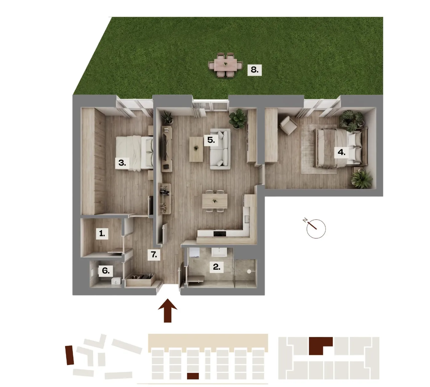 Půdorys bytu A01, 3+kk, 65,81 m²