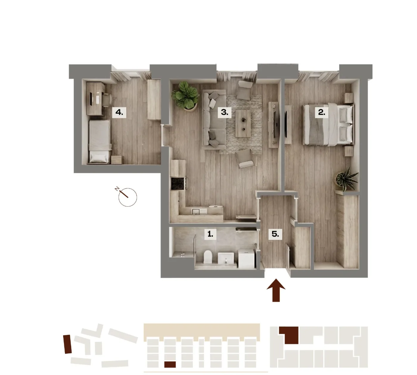 Půdorys bytu A02, 3+kk, 60,81 m²