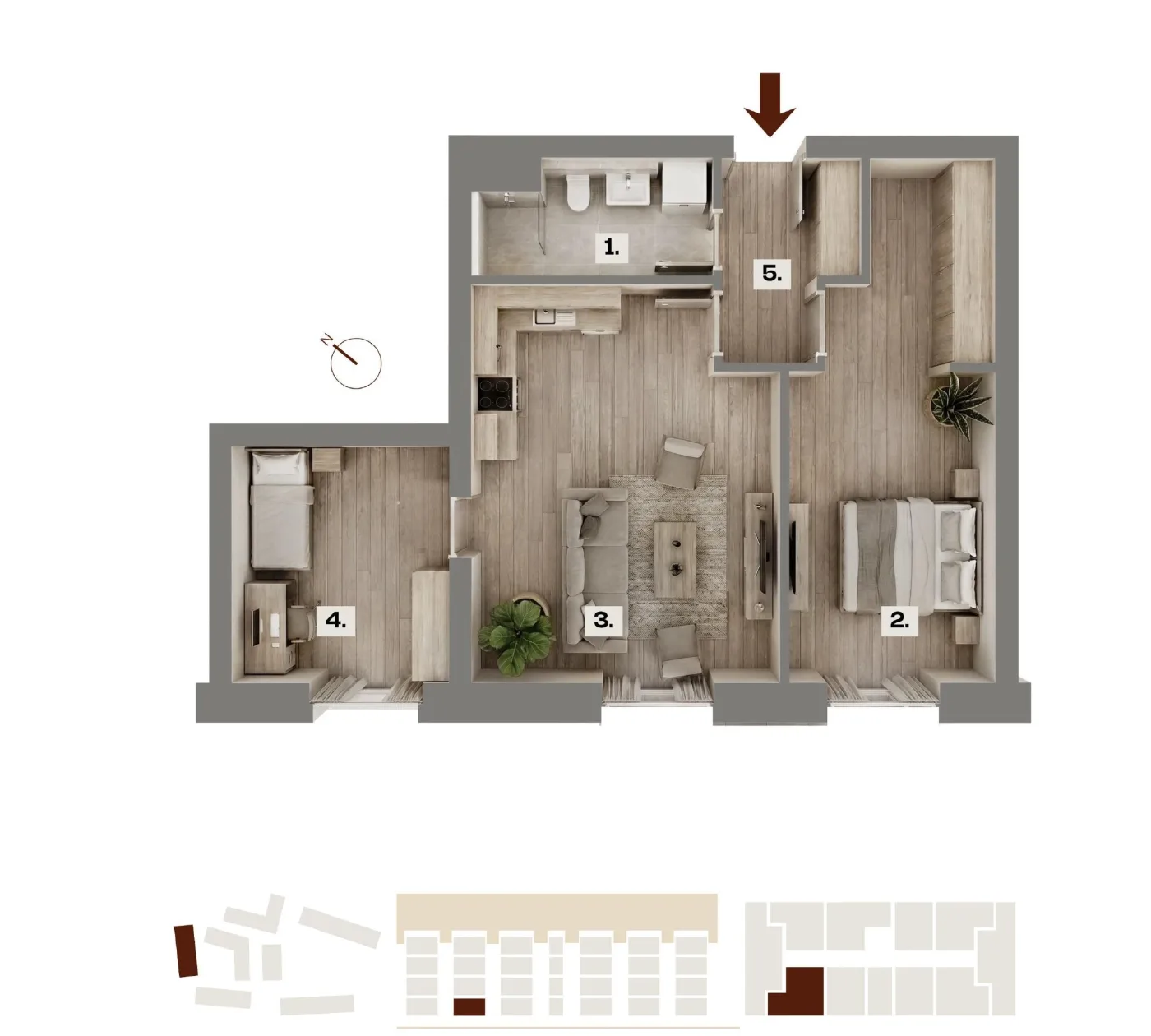 Půdorys bytu A04, 3+kk, 61,03 m²