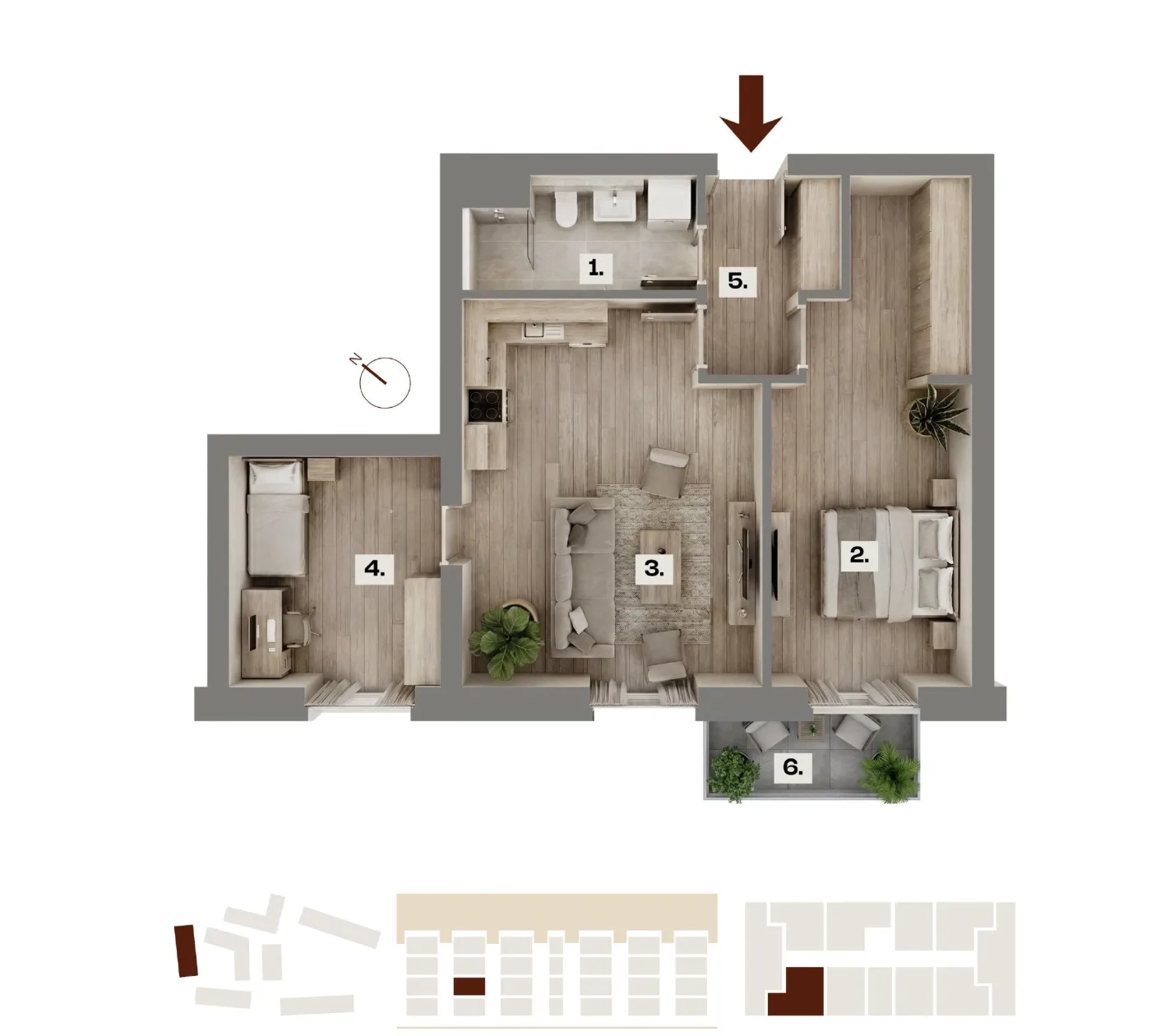 Půdorys bytu A14, 3+kk, 60,99 m²
