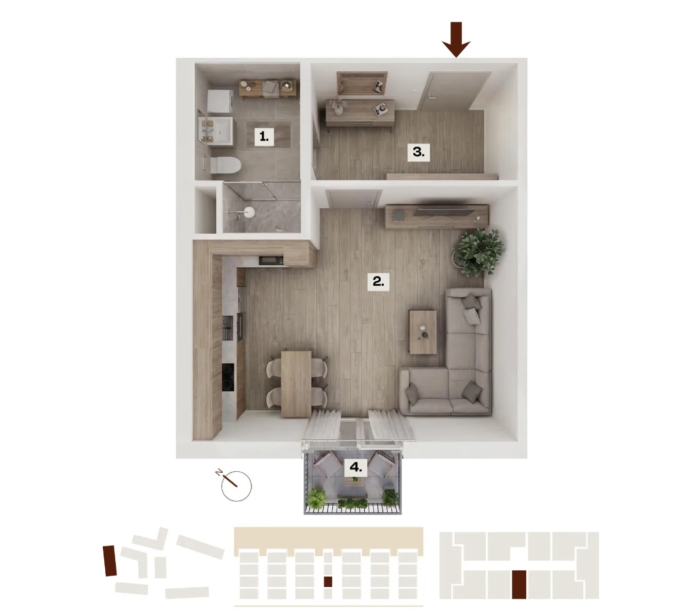 Půdorys bytu A16, 1+kk, 32,37 m²
