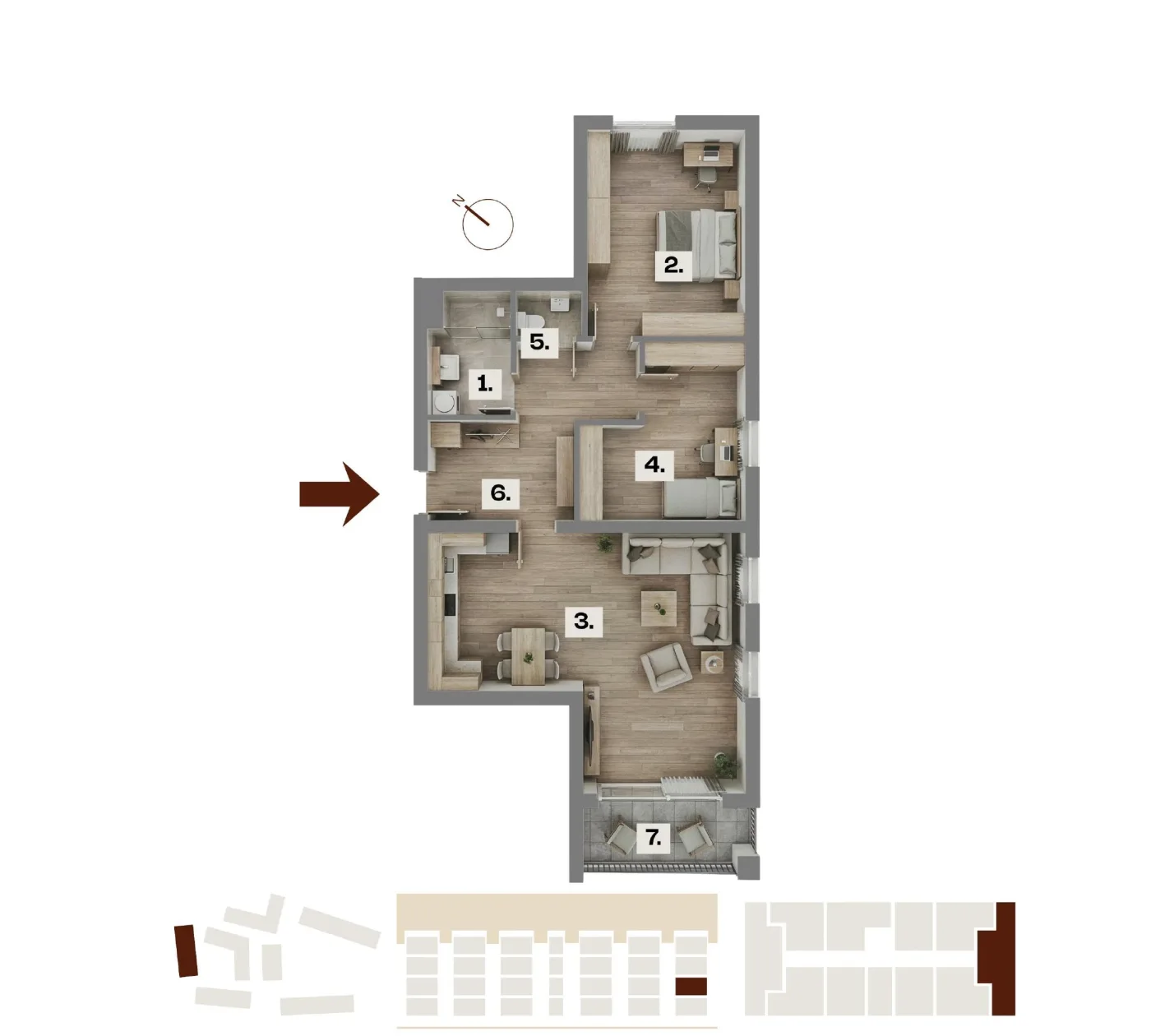 Půdorys bytu A19, 3+kk, 70,74 m²
