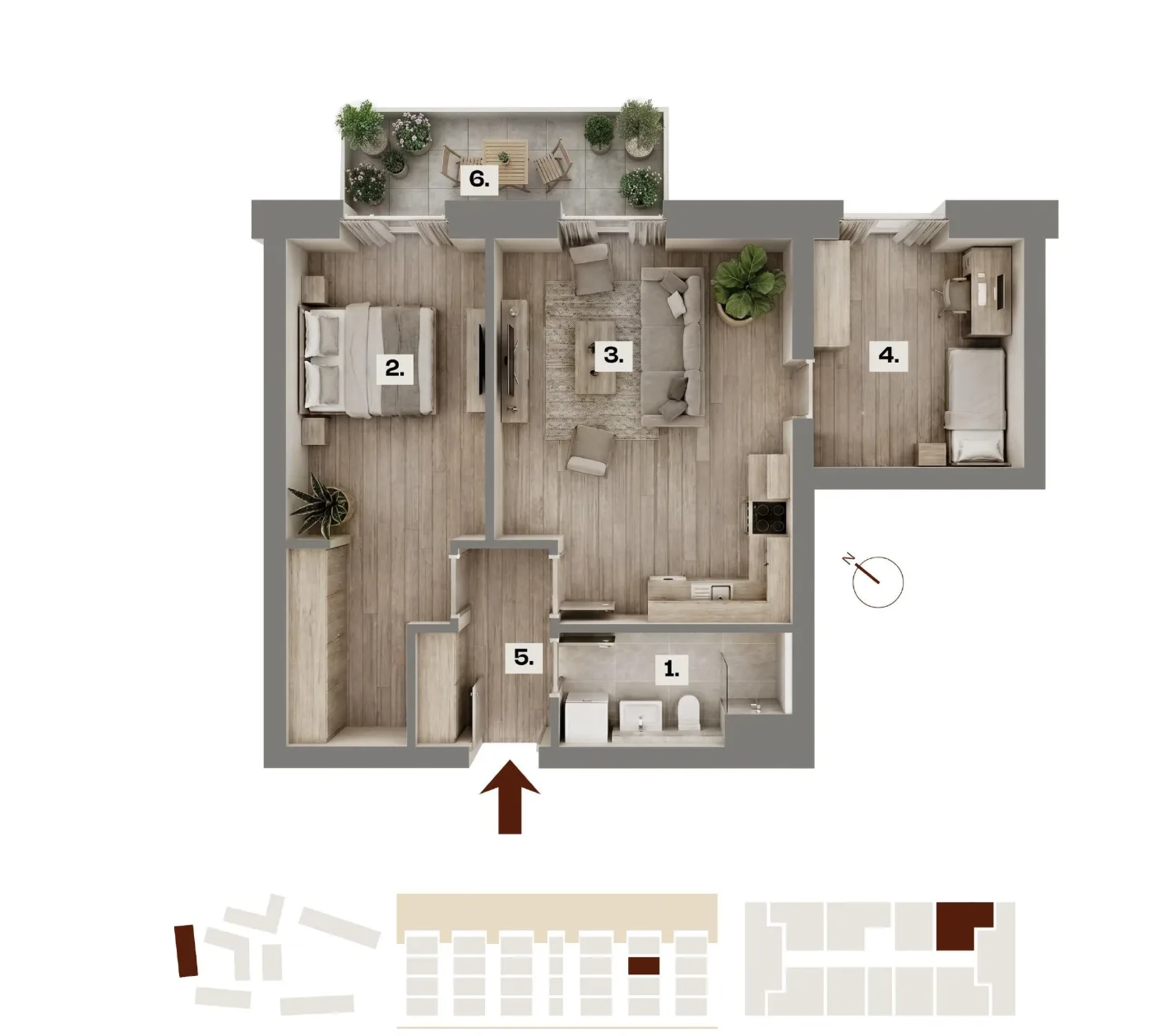 Půdorys bytu A31, 3+kk, 60,77 m²