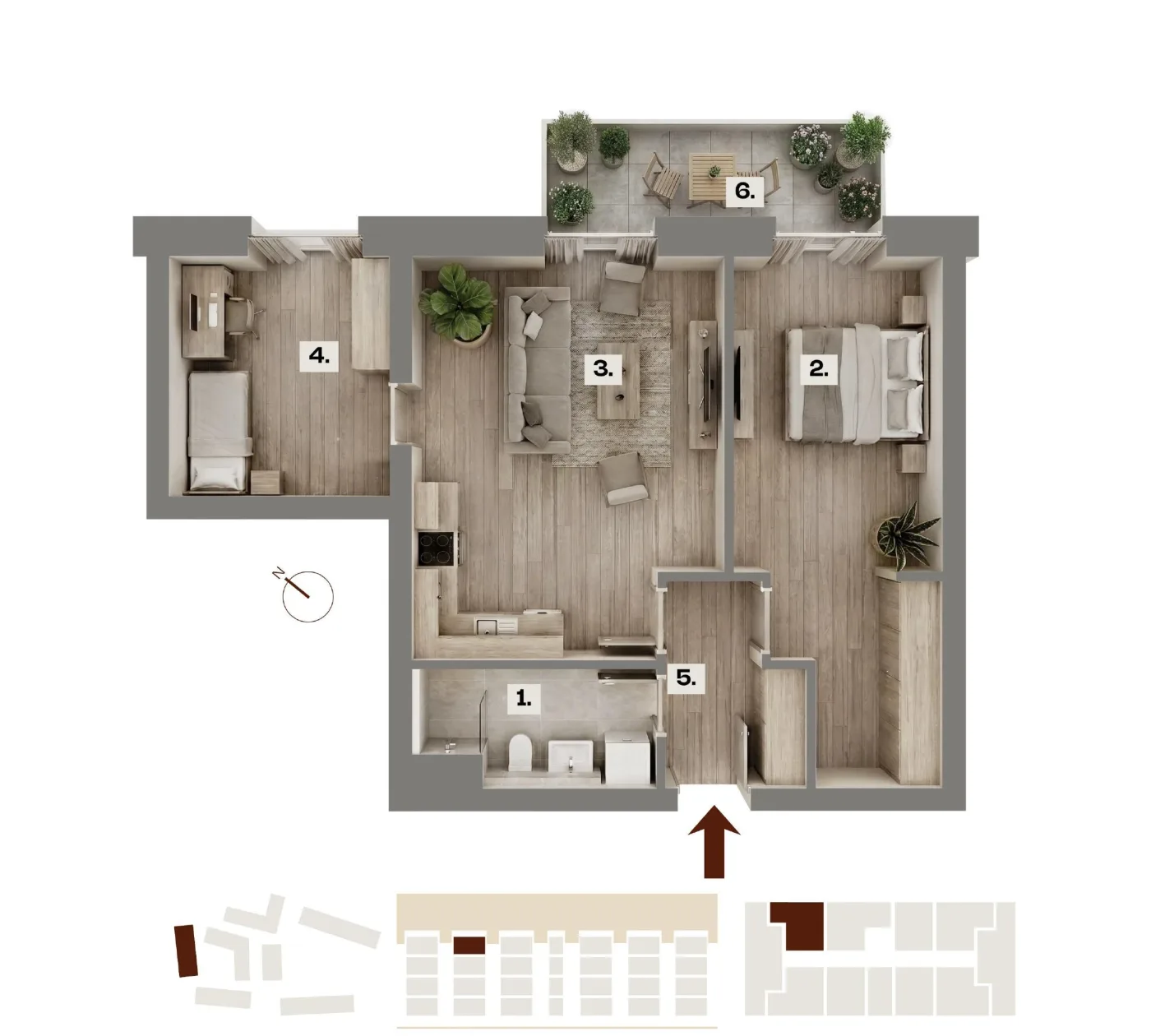 Půdorys bytu A34, 3+kk, 60,83 m²