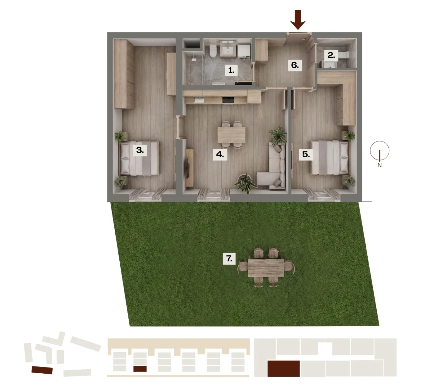 Půdorys bytu B04, 3+kk, 57,07 m²