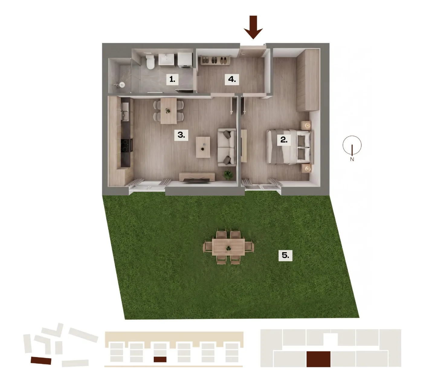 Půdorys bytu B05, 2+kk, 43,08 m²