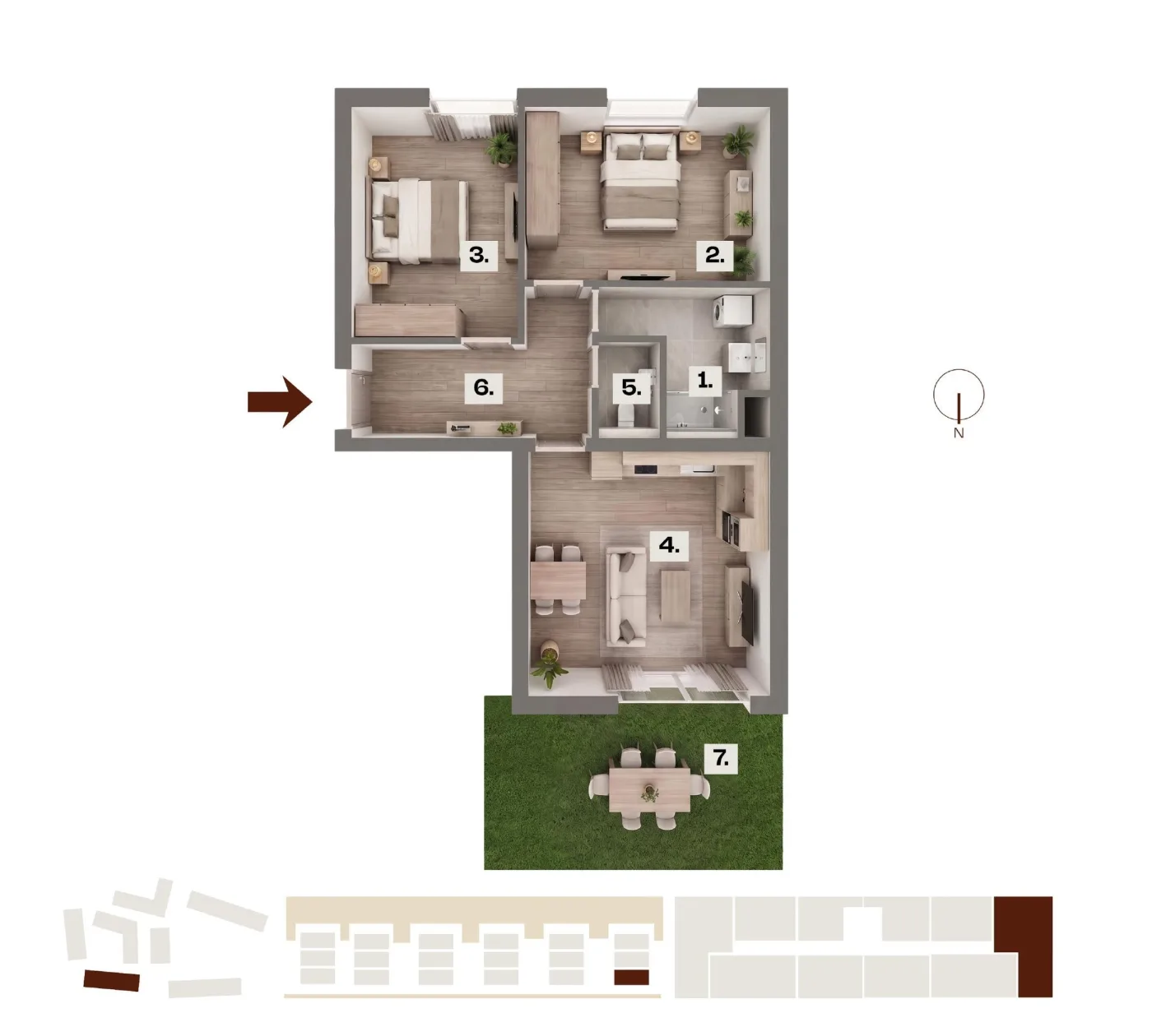 Půdorys bytu B07, 3+kk, 70,12 m²