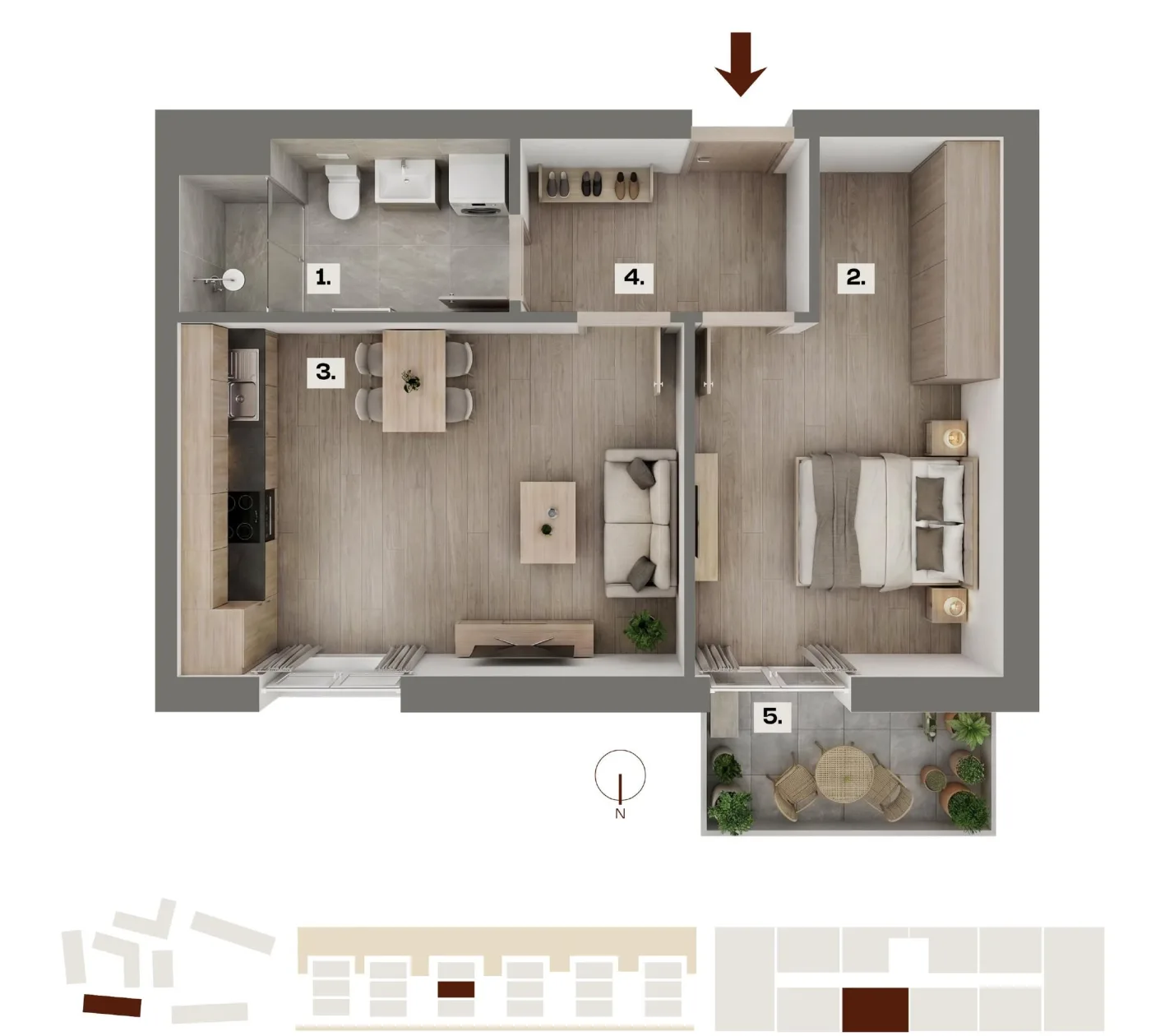 Půdorys bytu B14, 2+kk, 43,10 m²