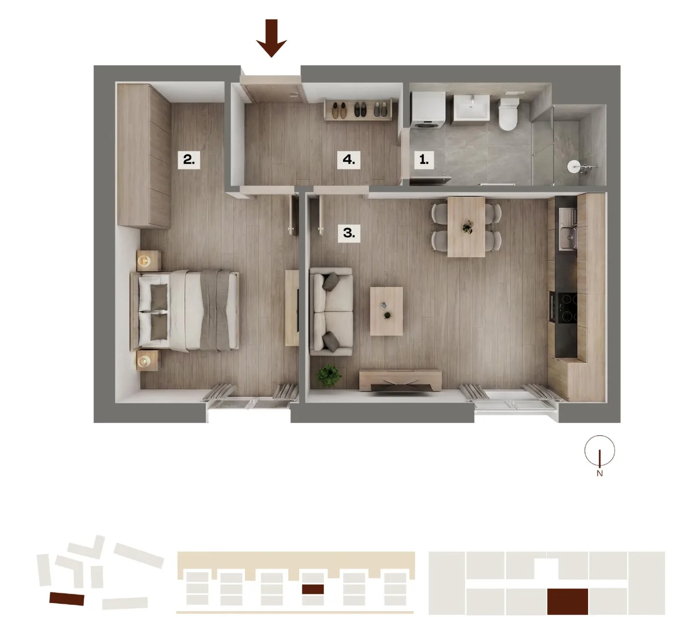 Půdorys bytu B15, 2+kk, 43,09 m²