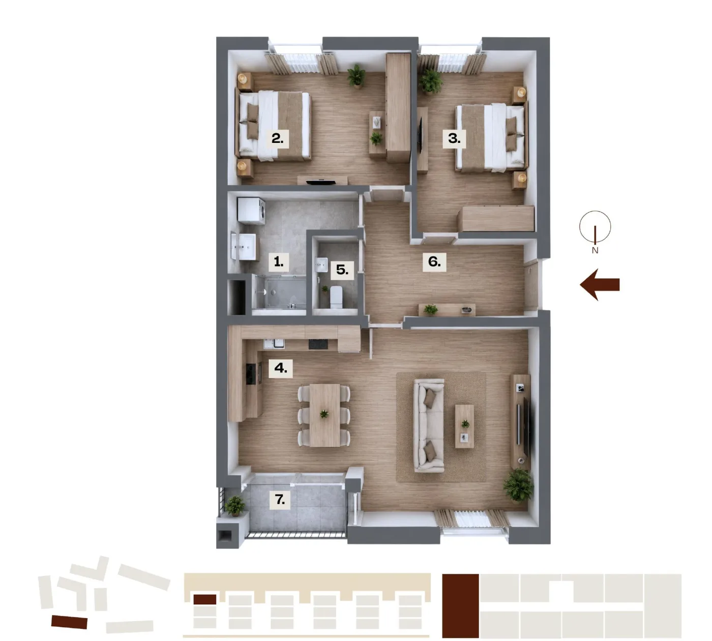 Půdorys bytu B22, 3+kk, 82,83 m²