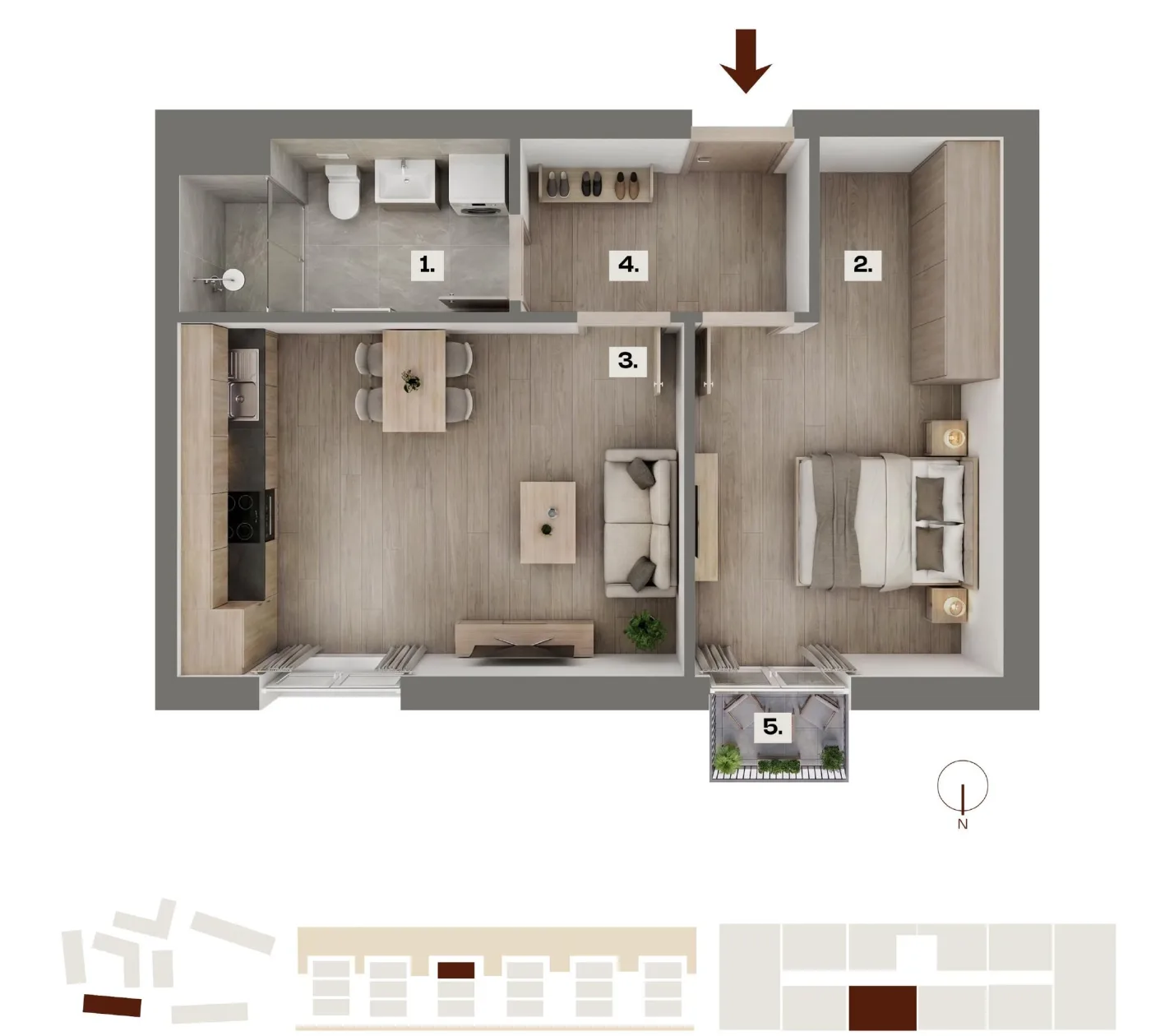 Půdorys bytu B24, 2+kk, 43,09 m²