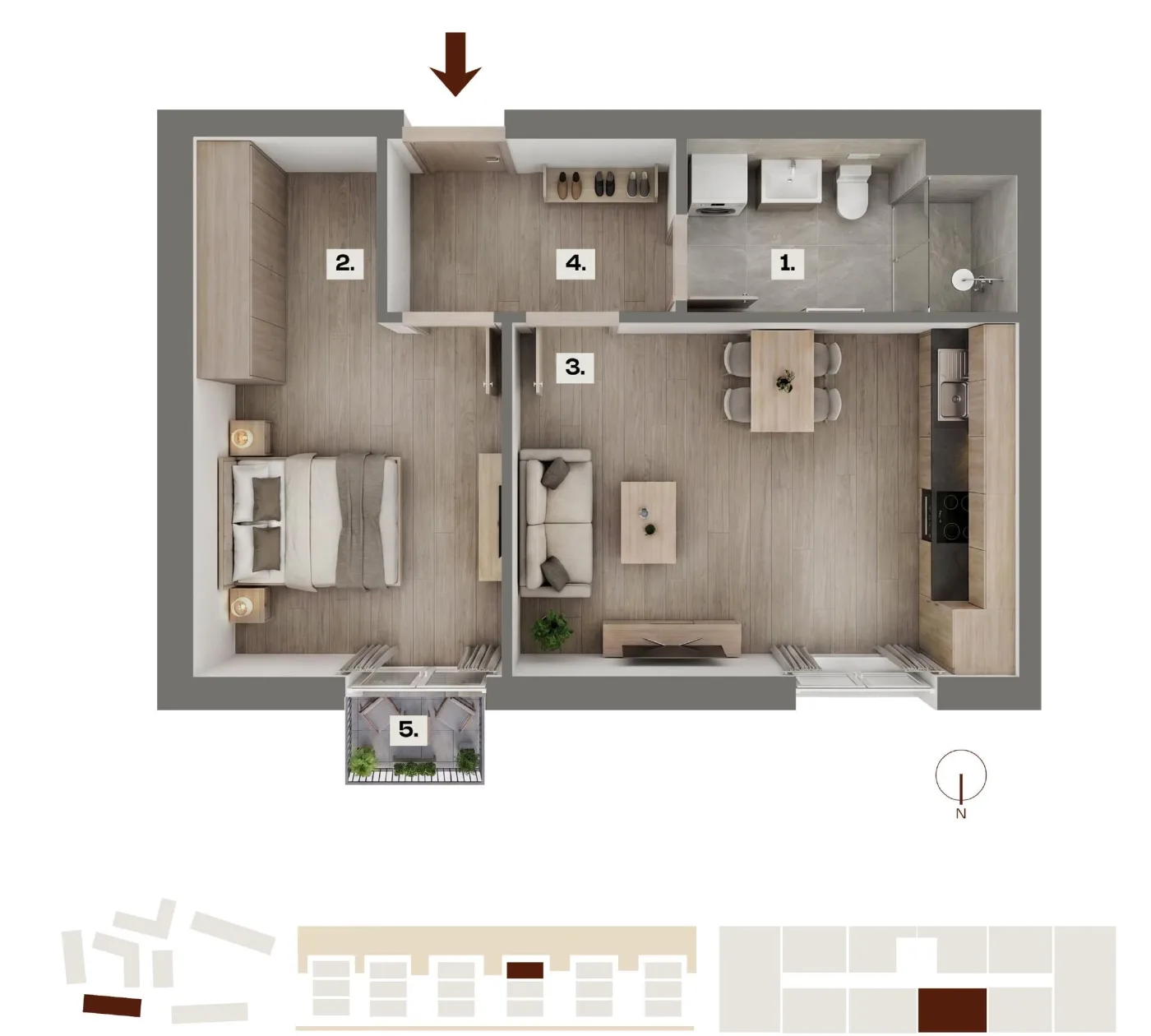 Půdorys bytu B25, 2+kk, 43,09 m²