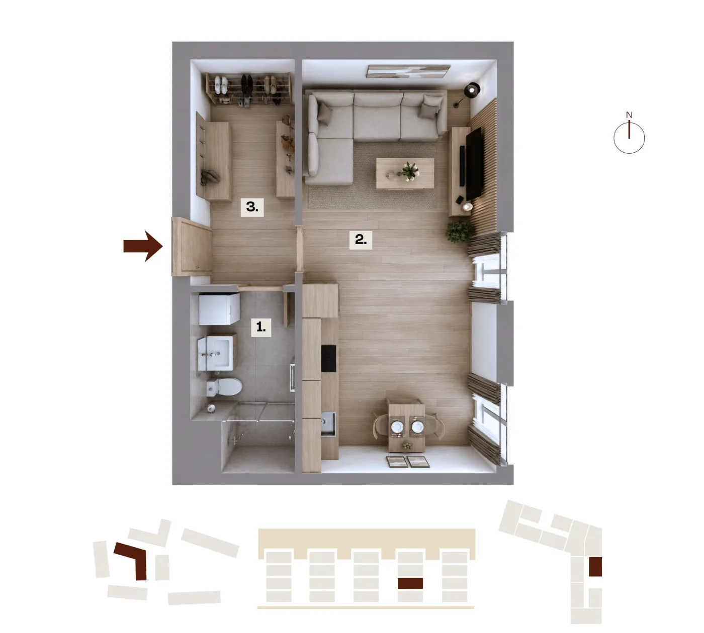 Půdorys bytu C19, 1+kk, 34,17 m²