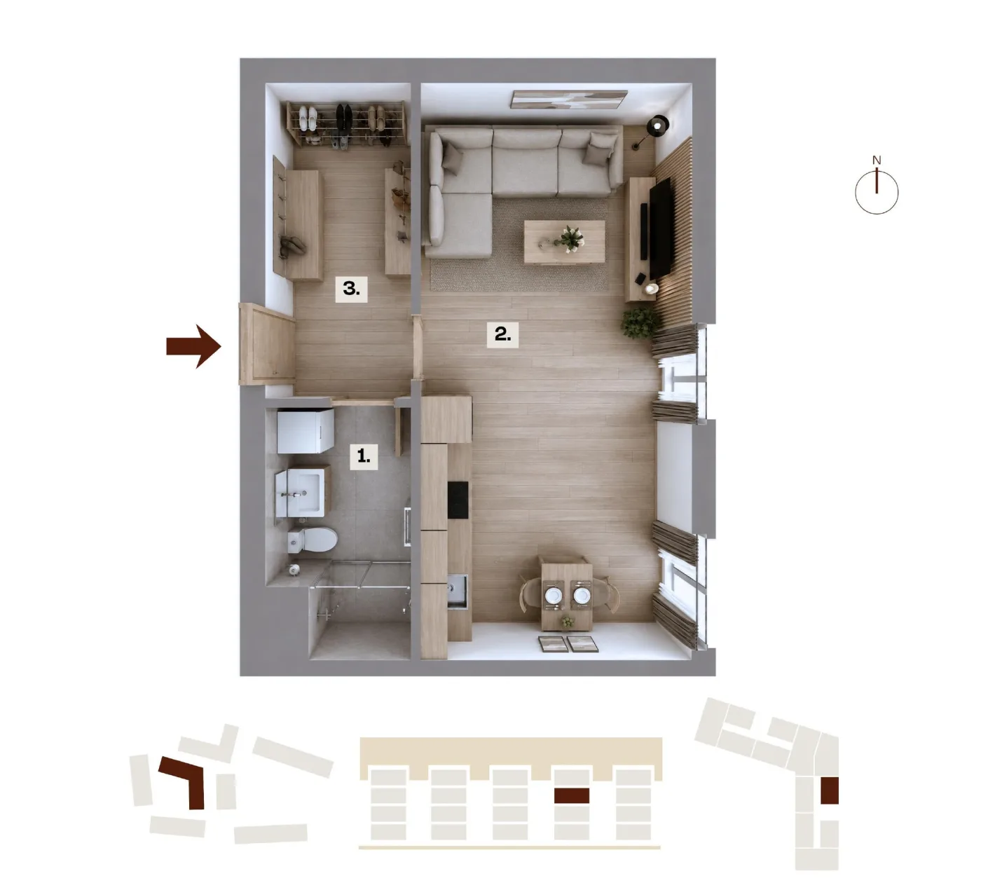 Půdorys bytu C31, 1+kk, 34,17 m²