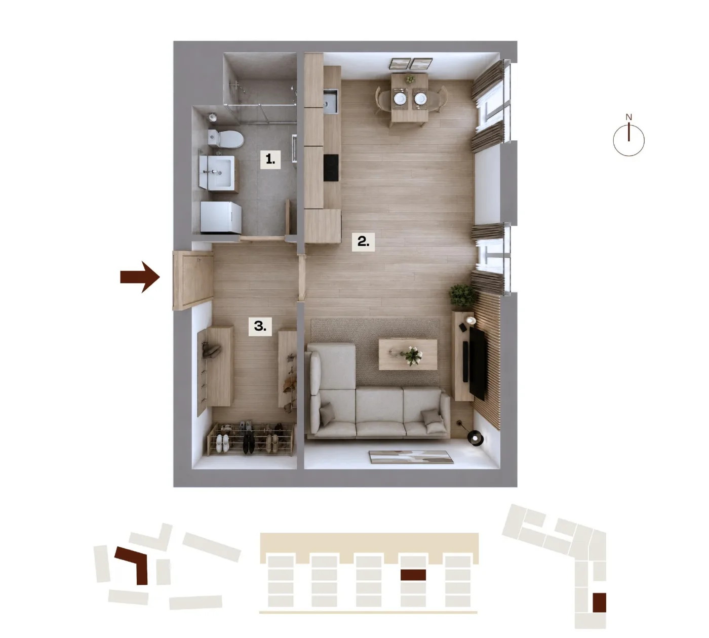 Půdorys bytu C36, 1+kk, 34,16 m²