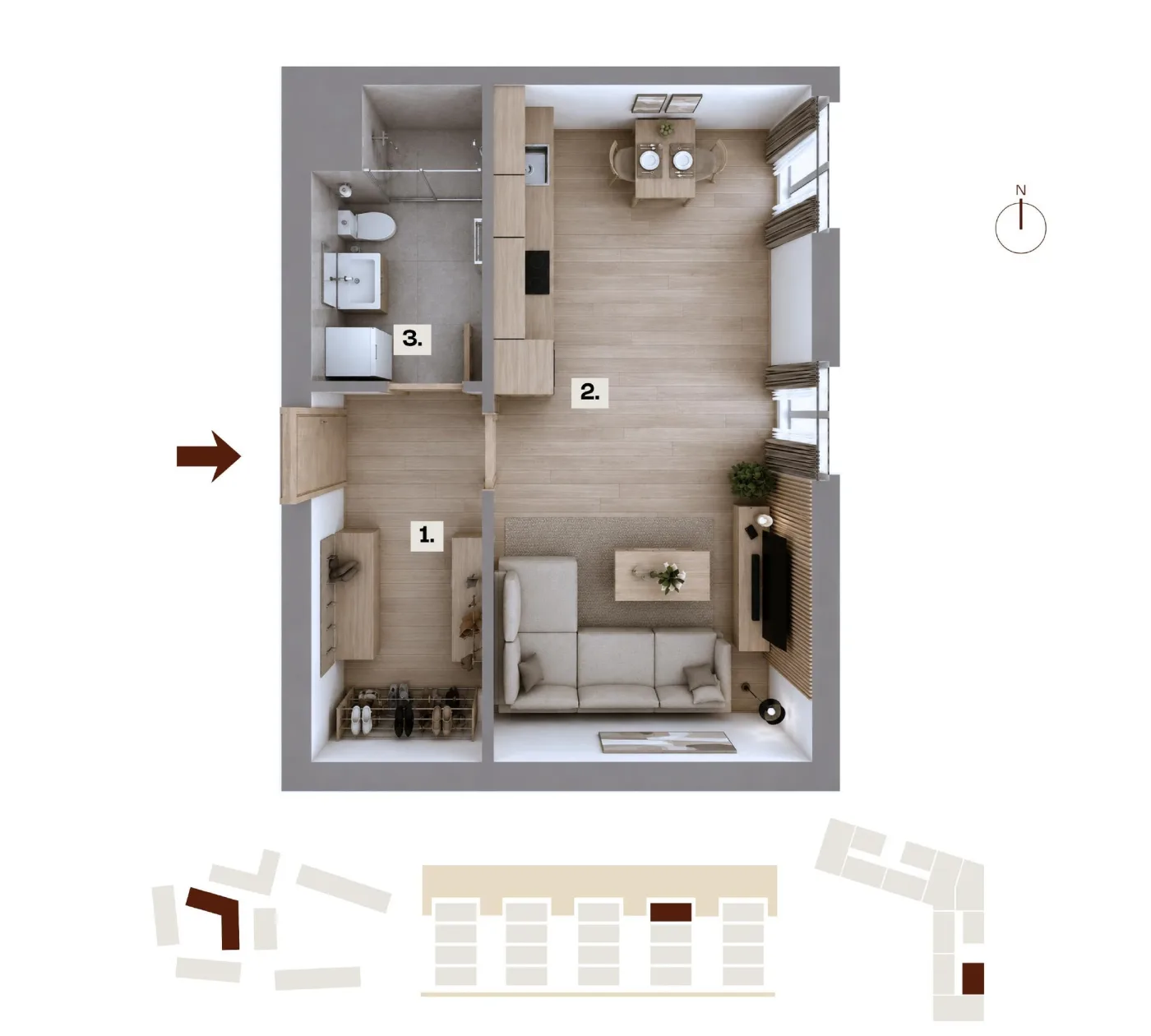 Půdorys bytu C48, 1+kk, 34,16 m²