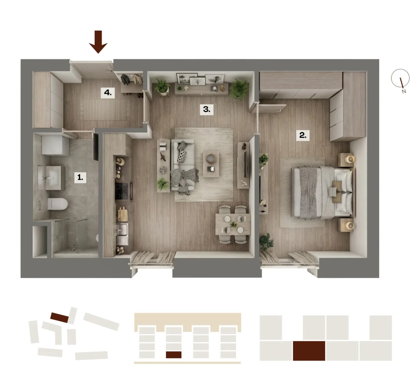 Půdorys bytu D01, 2+kk, 39,95 m²