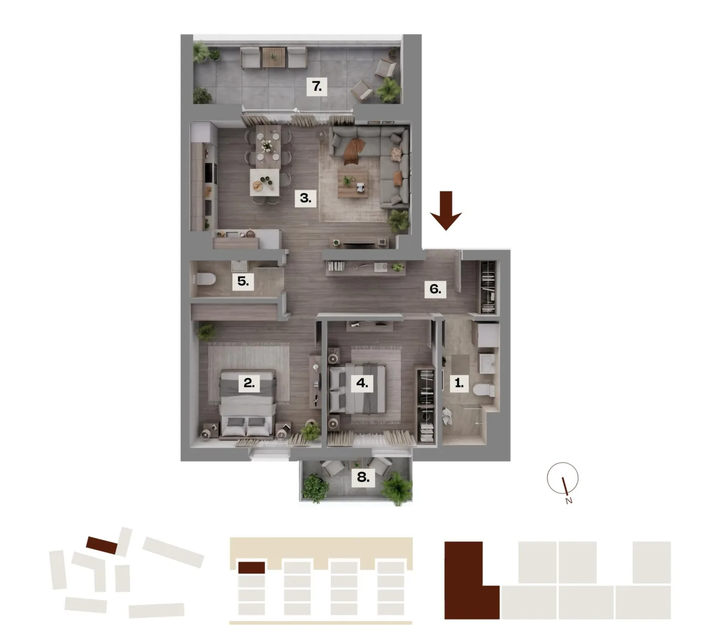 Půdorys bytu D14, 3+kk, 60,90 m²