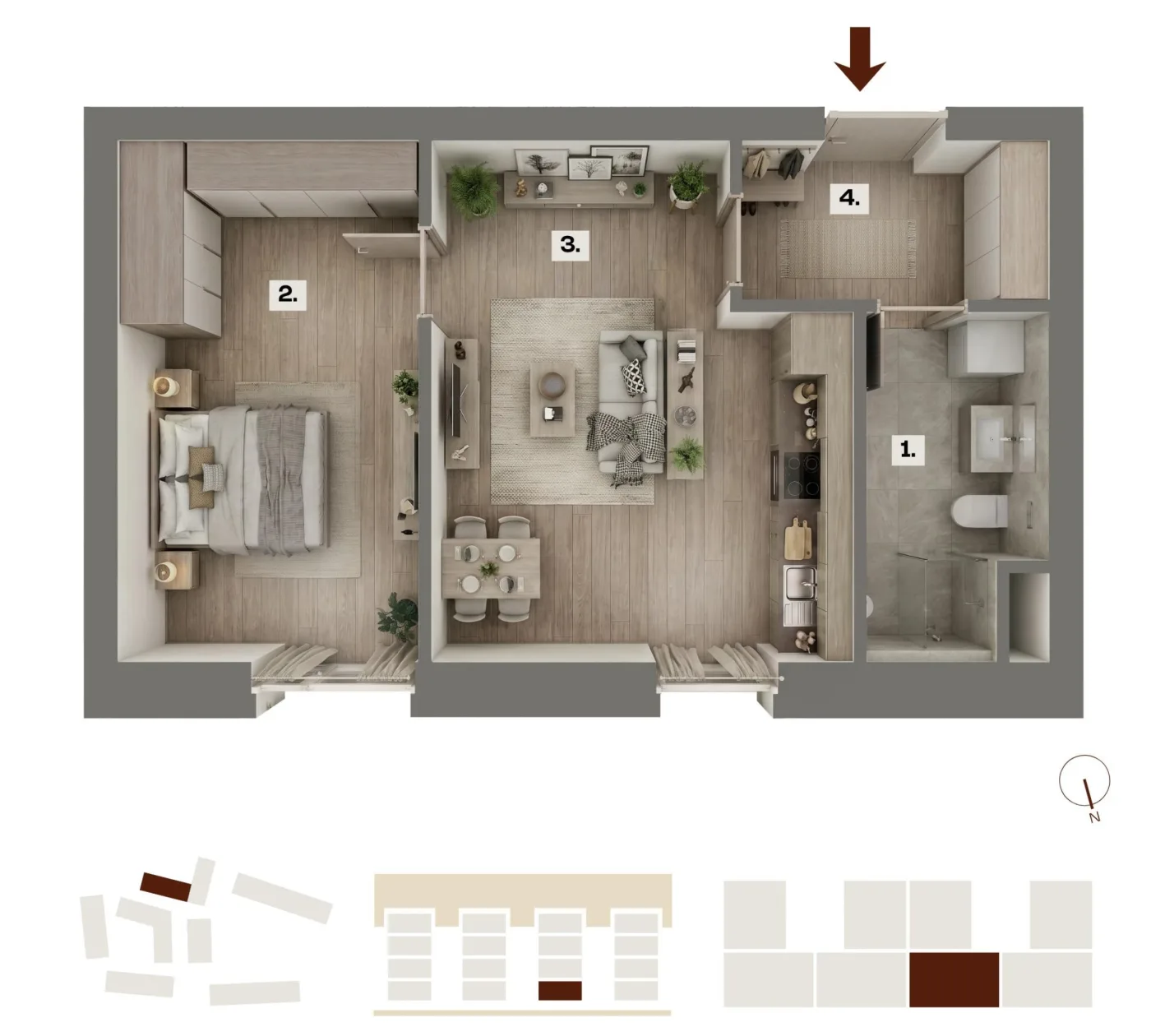 Půdorys bytu D15, 2+kk, 39,98 m²