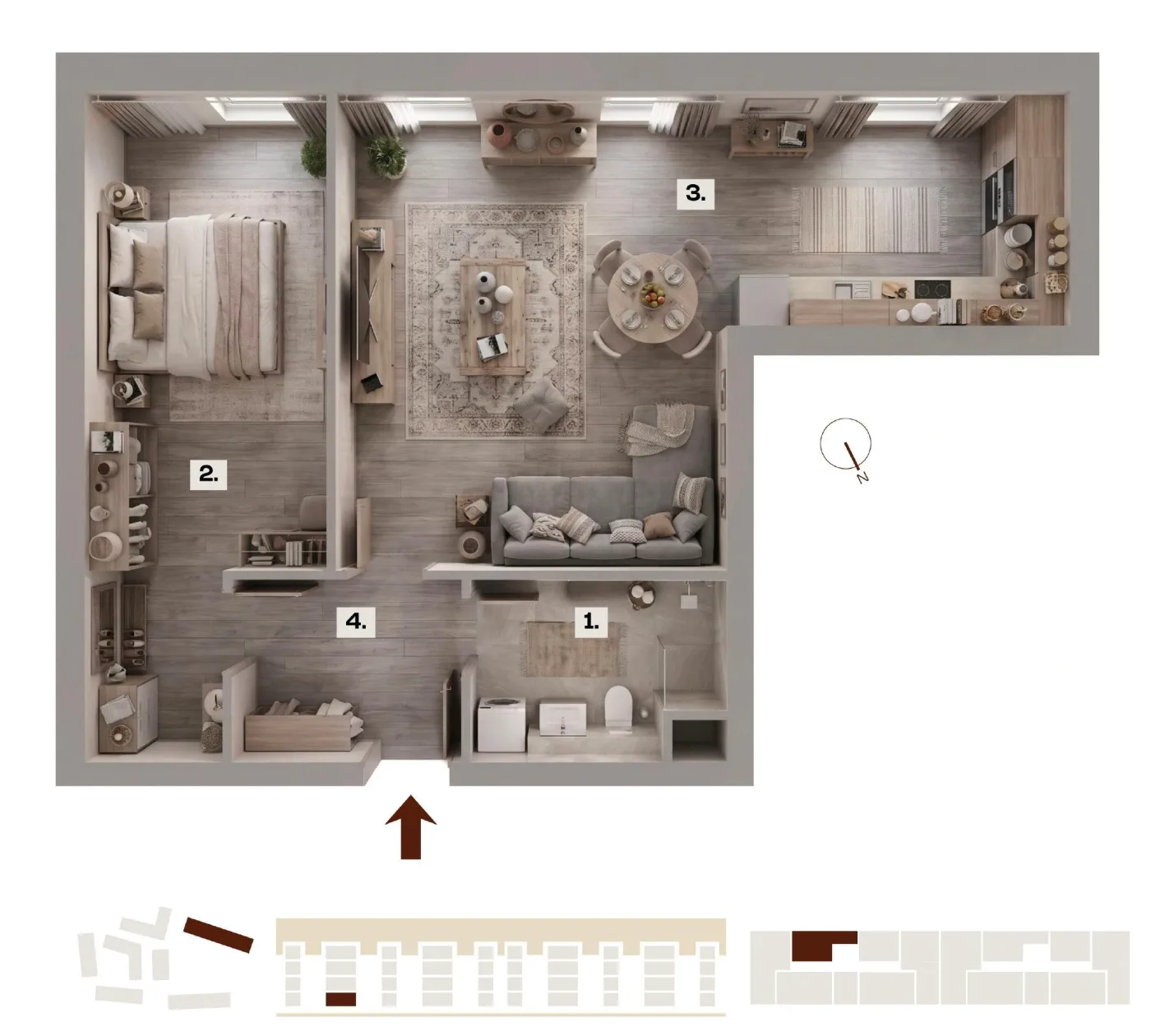 Půdorys bytu E01, 2+kk, 52,09 m²