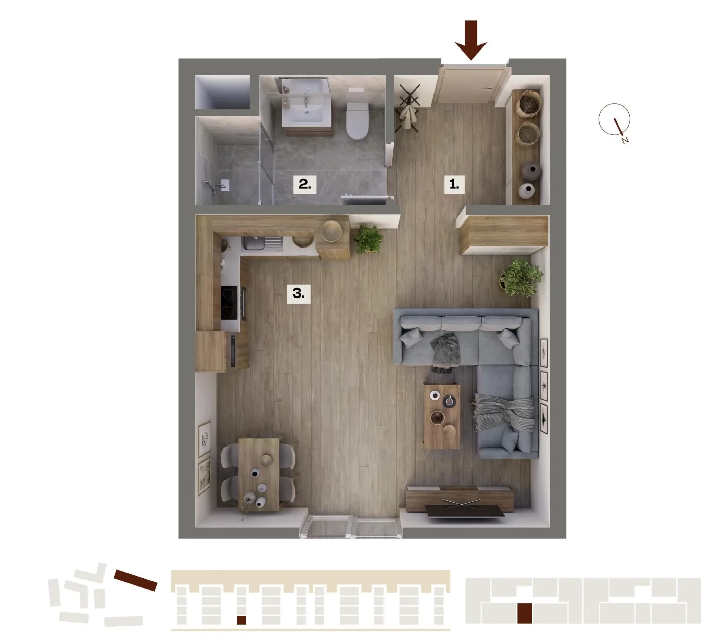 Půdorys bytu E04, 1+kk, 25,64 m²
