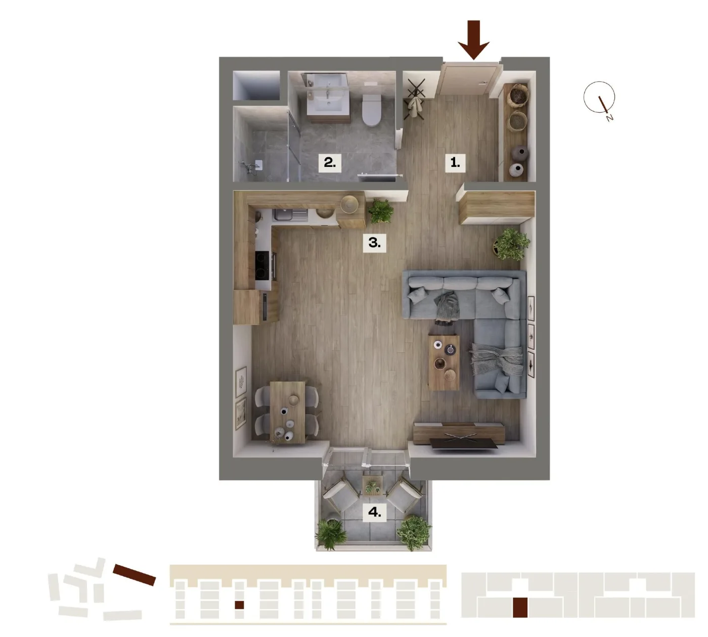 Půdorys bytu E10, 1+kk, 25,64 m²