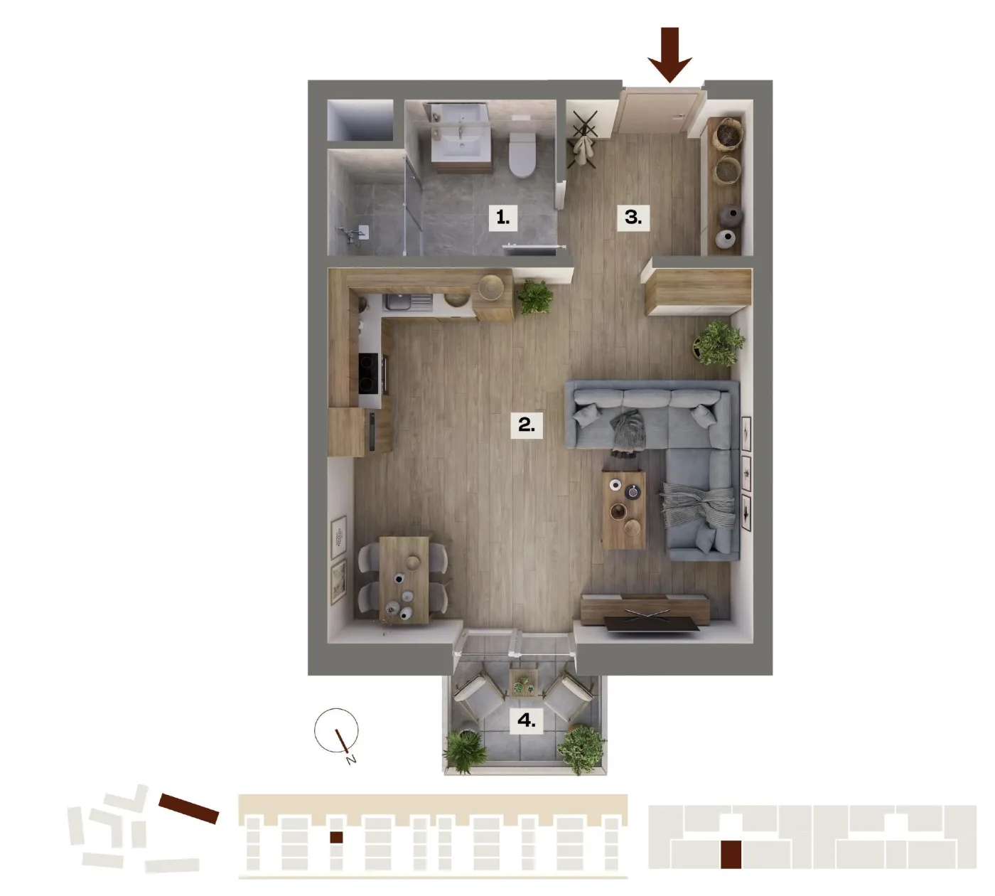 Půdorys bytu E17, 1+kk, 25,64 m²
