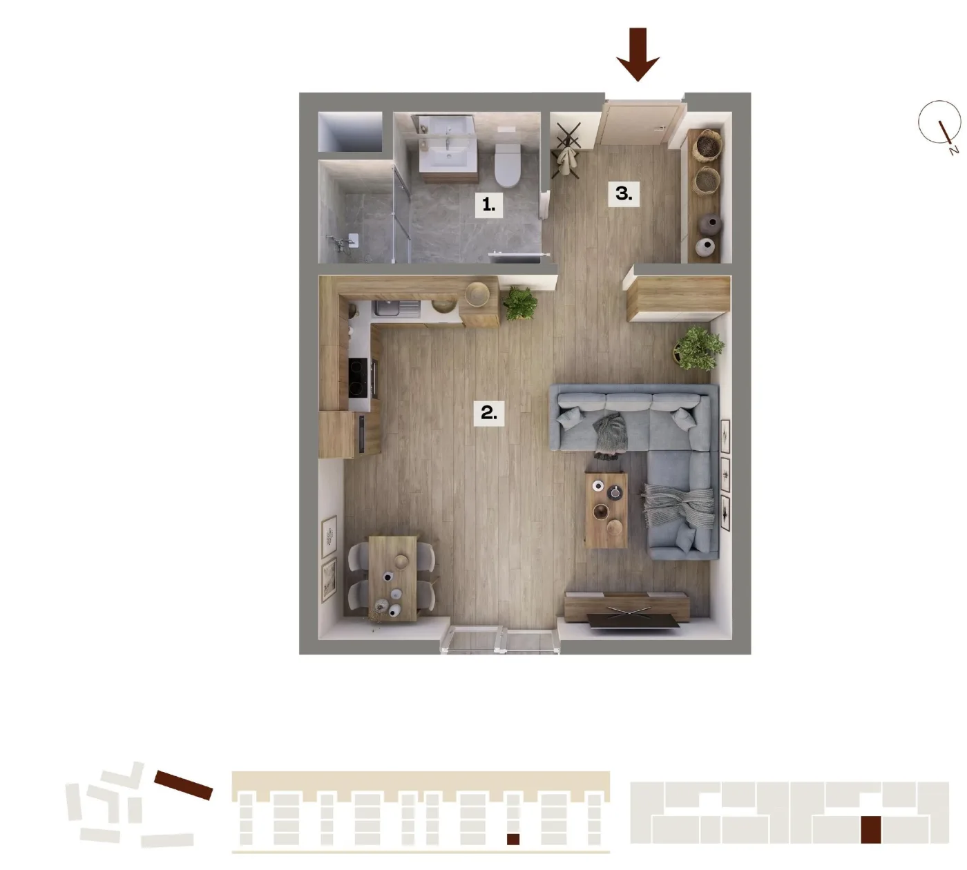 Půdorys bytu E31, 1+kk, 25,65 m²