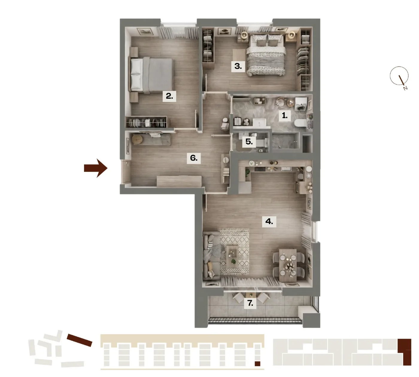Půdorys bytu E33, 3+kk, 72,38 m²