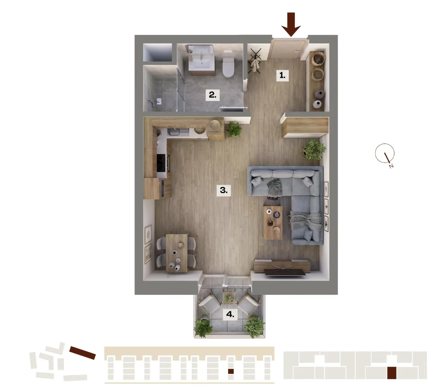 Půdorys bytu E37, 1+kk, 25,64 m²