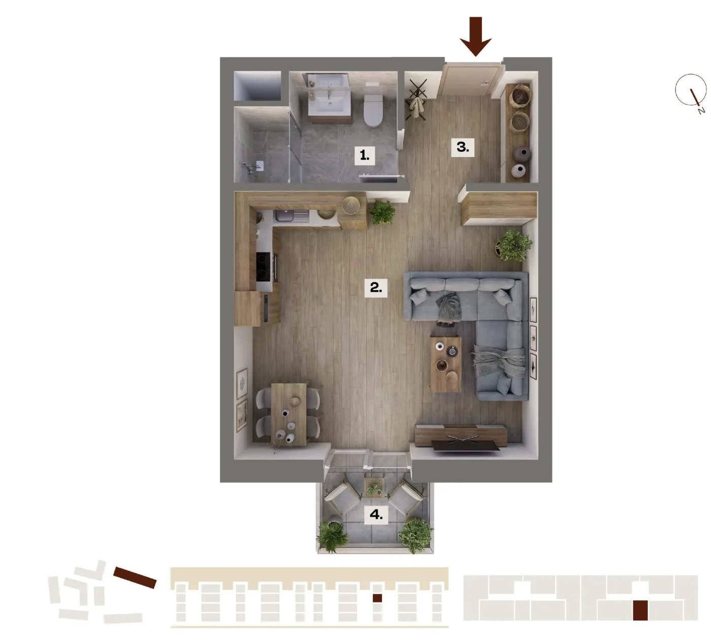 Půdorys bytu E44, 1+kk, 25,64 m²