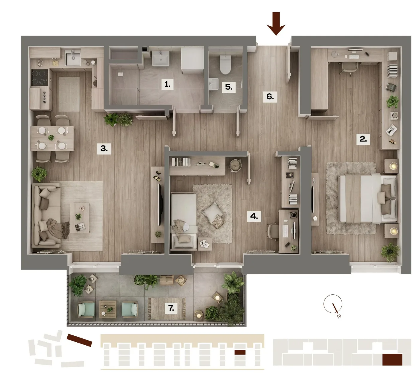 Půdorys bytu E45, 3+kk, 60,67 m²