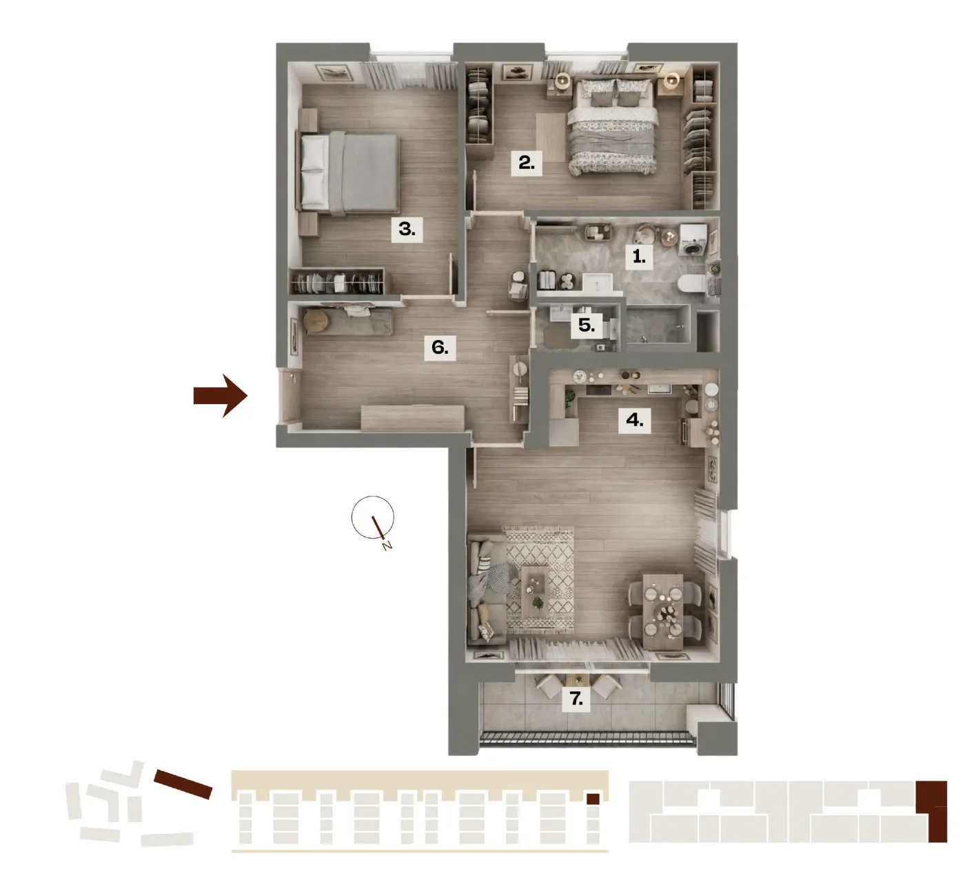 Půdorys bytu E53, 3+kk, 74,45 m²