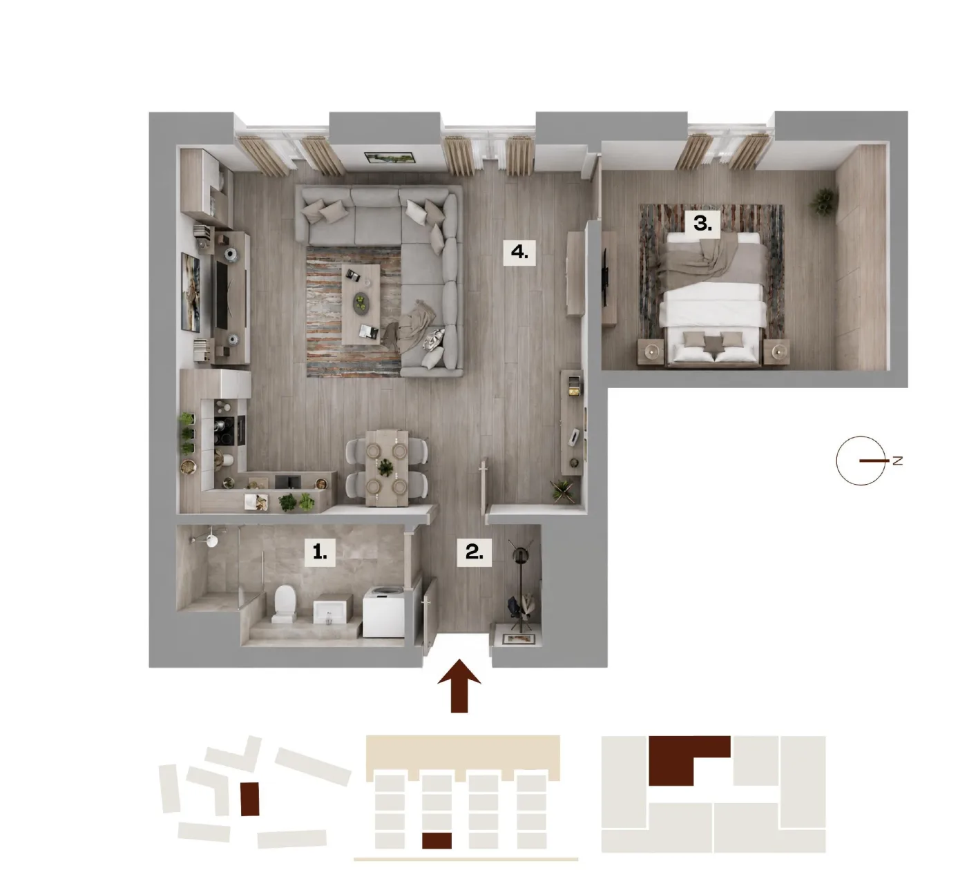 Půdorys bytu F01, 2+kk, 48,88 m²