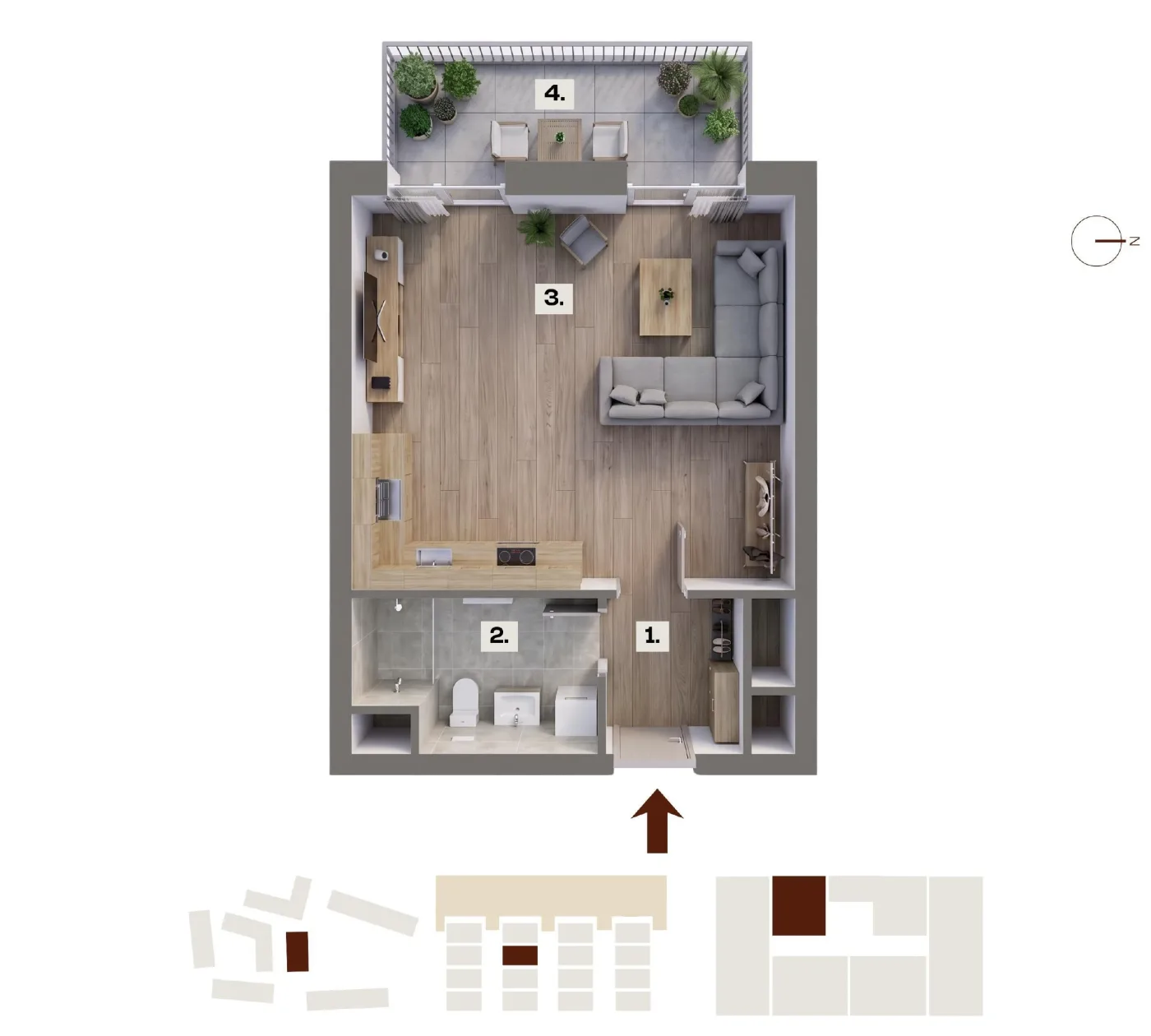 Půdorys bytu F12, 1+kk, 37,23 m²