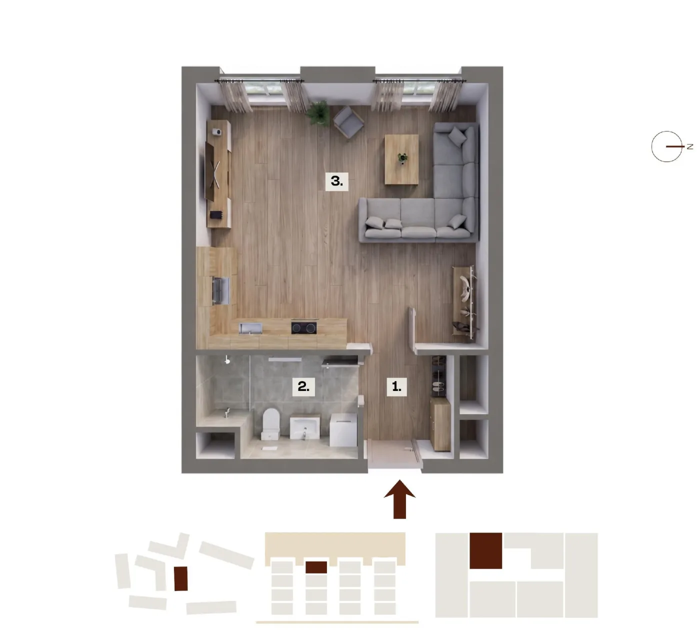 Půdorys bytu F18, 1+kk, 36,57 m²