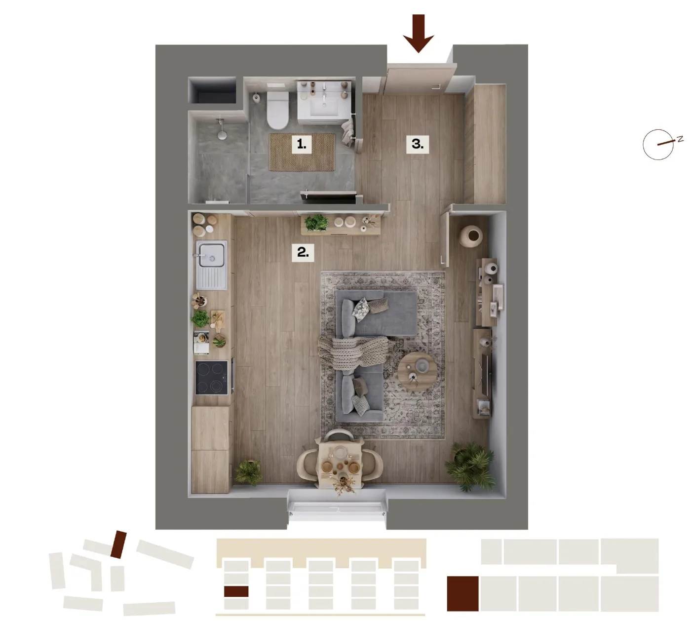 Půdorys bytu G01, 1+kk, 24,40 m²