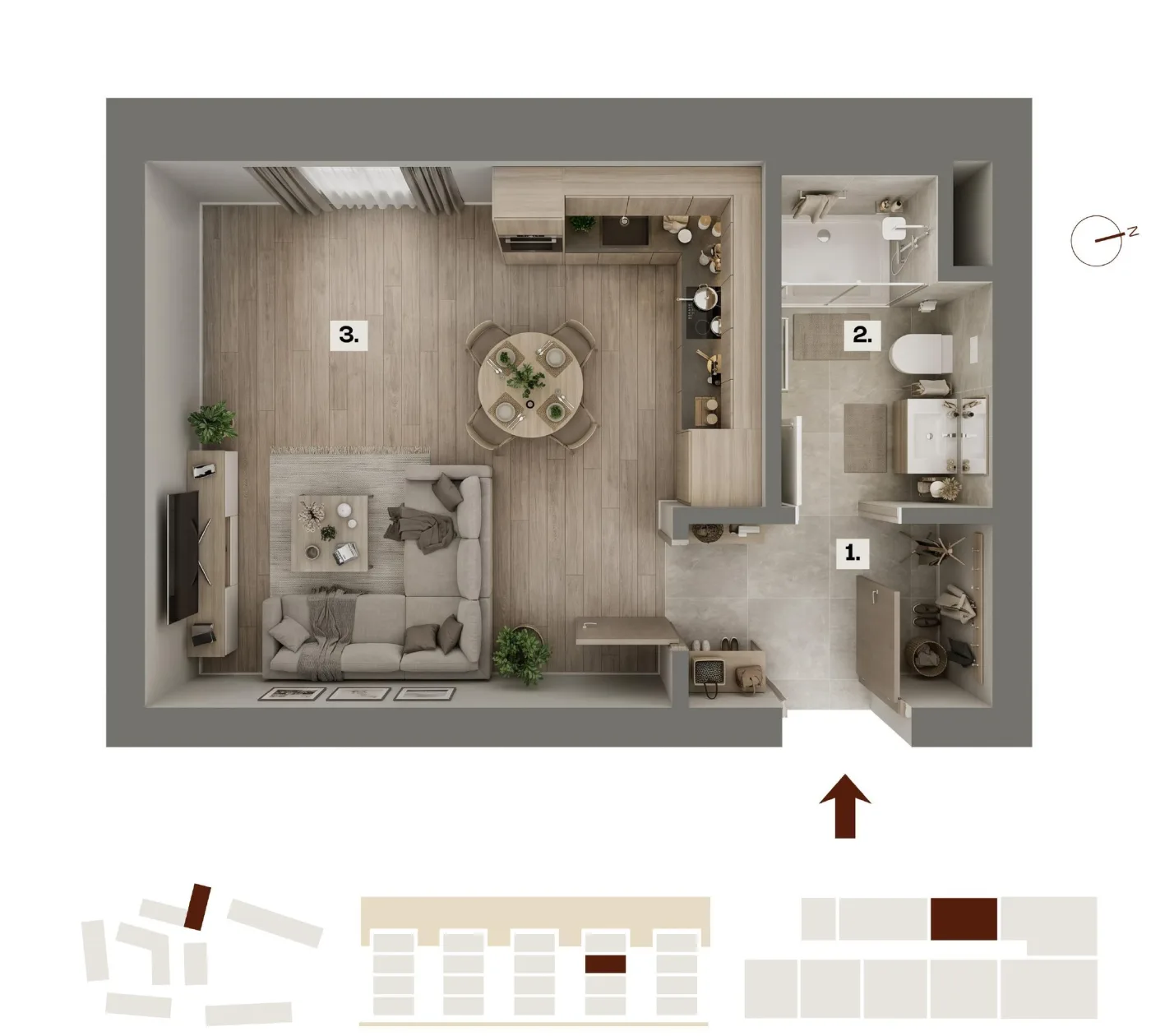 Půdorys bytu G15, 1+kk, 23,43 m²