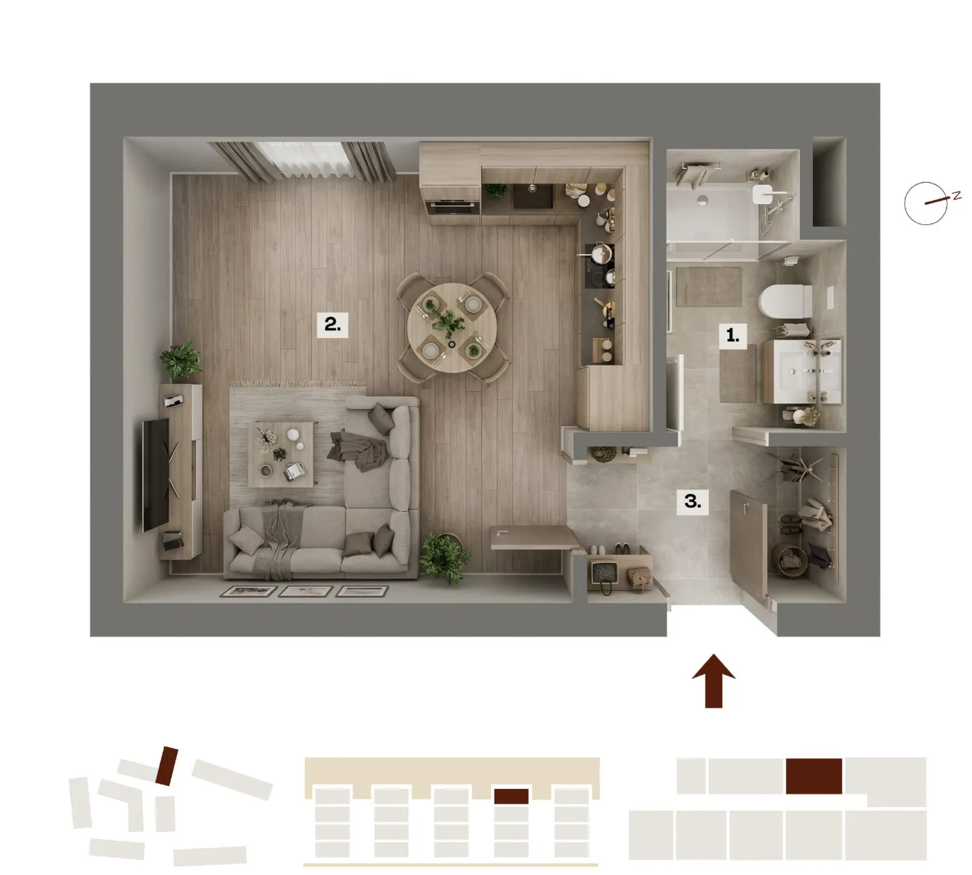 Půdorys bytu G23, 1+kk, 23,43 m²